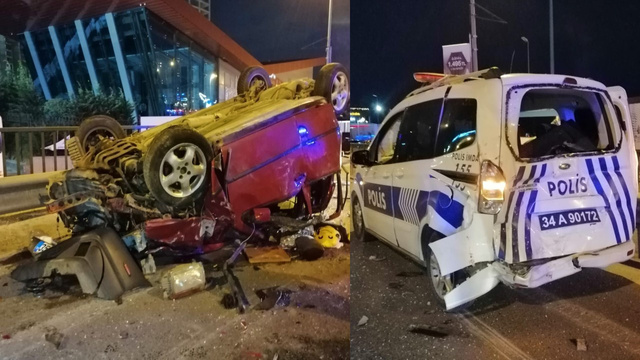 Takla atan araç polis otosuna çarparak durabildi!