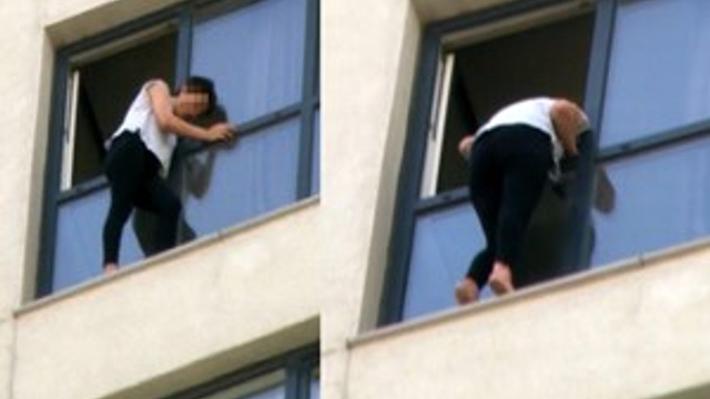 Sevgilisiyle tartışan kadın cama çıktı!